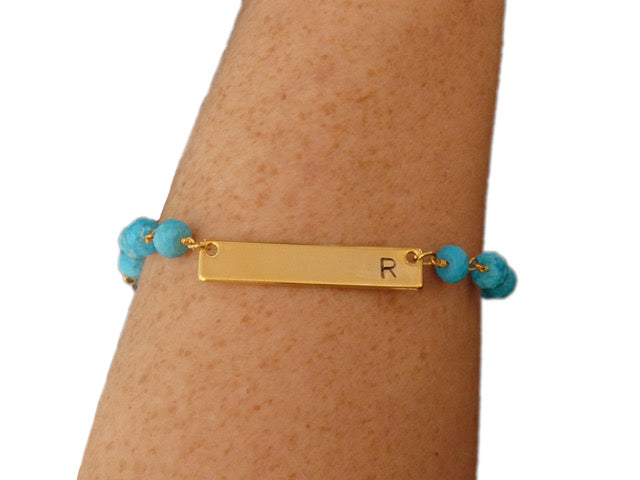 Hand Stamped Gold Bar Beaded Bracelet