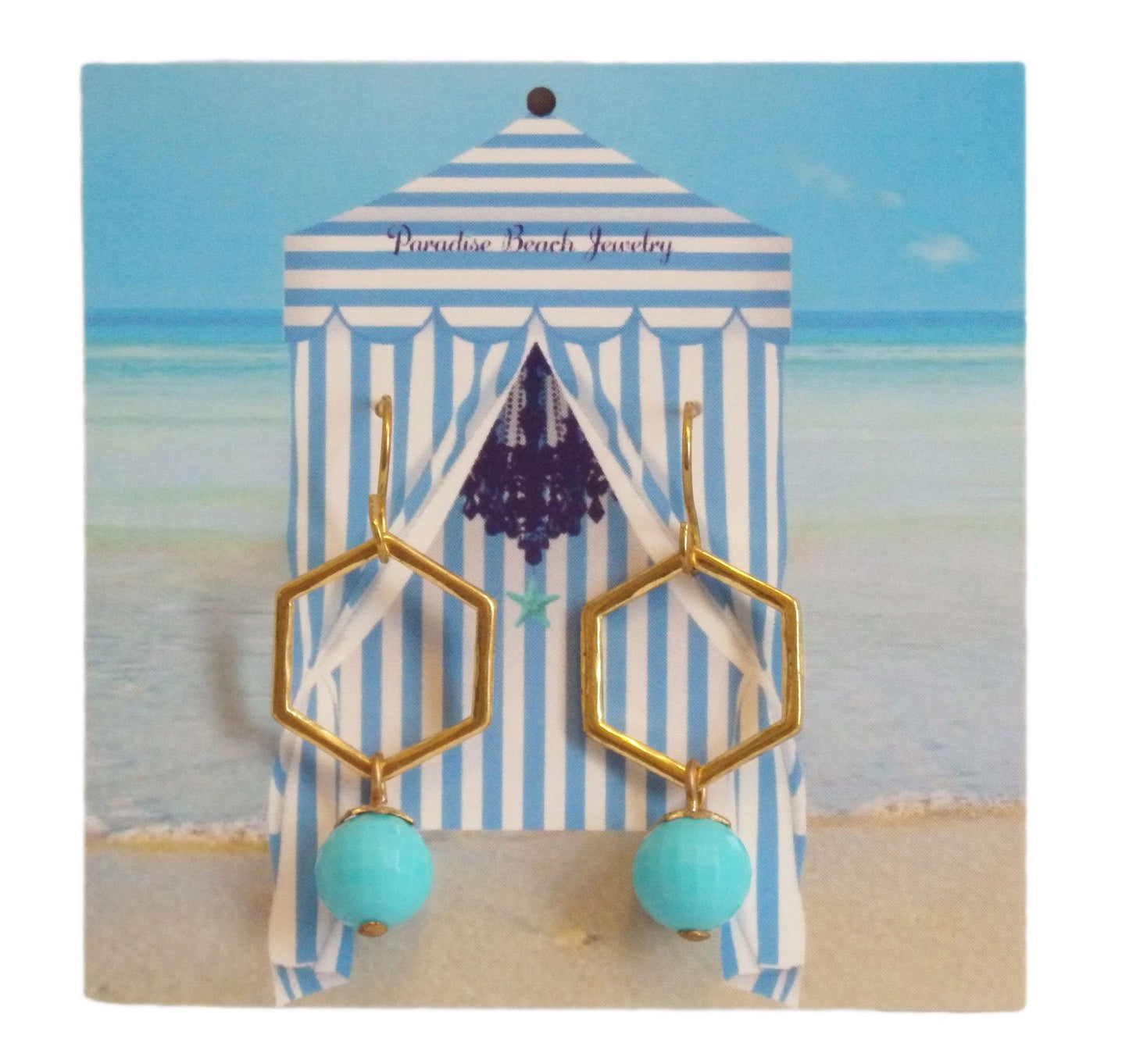 Sky Blue Hexagon Gold Earrings