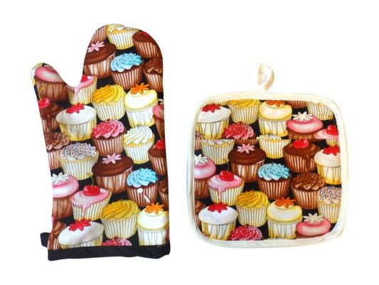 Chocolate Cupcakes Hot Mess Oven Mitt & Baker Shop Potholder Gift Set